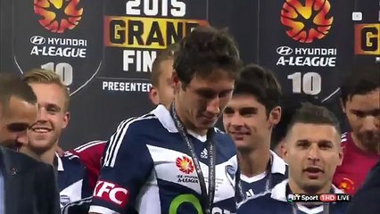 Frank Lowy Falls Off The Stage During The 2015 A-League Trophy Presentation