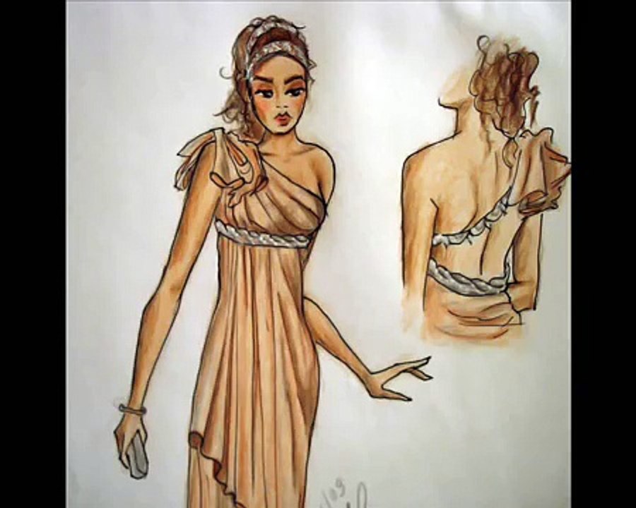 Emmy Rossum Silk Dress in Tan Greek Style: Advanced Fashion Design Drawing Tutorial