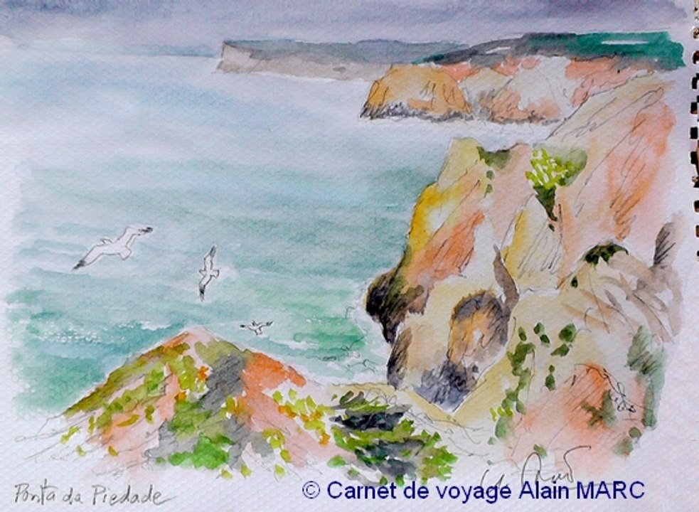 Aquarelles et croquis de voyage à la Punta da Piedade sur la route du bleu.