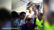 Messi and Barcelona team-mates celebrating La Liga win with champagne