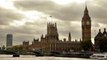 Distant view of Westminster palace, Big Ben, and Westminster bridge, located in London, England.