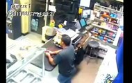 Unedited: Masked gunman confronts Machete wielding store owner (shots fired)