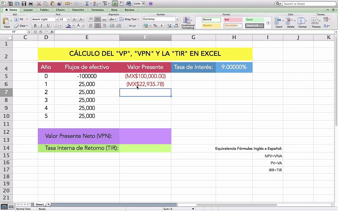 Cálculo en Excel del VP, VPN, y TIR