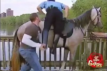 Il se retrouve dans l'eau après  avoir été projeté à travers son cheval.