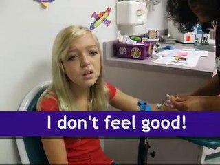 A girl fainting from getting blood taken.