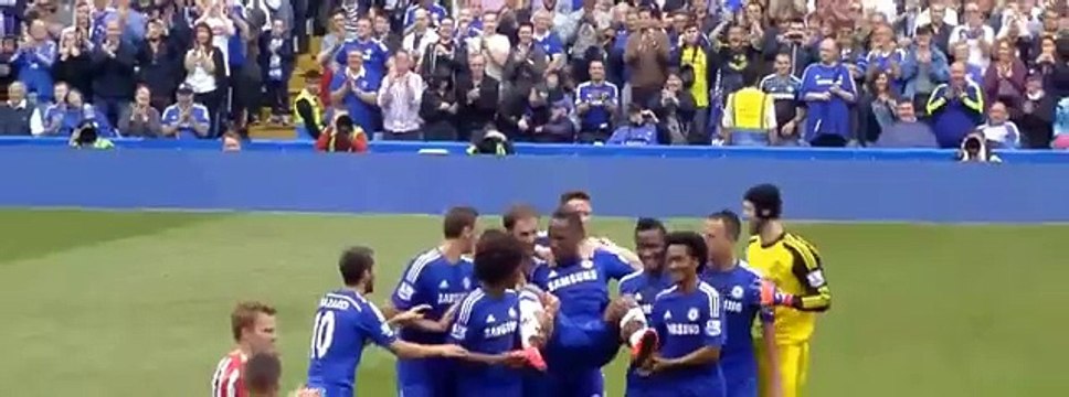 Chelsea players carry Didier Drogba off in his final appearance for the club