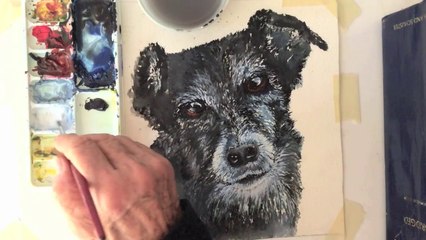 Step by step watercolor tutorial of a black dog in magic realism