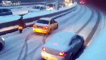 Cars slipping and sliding on an icy highway..flv