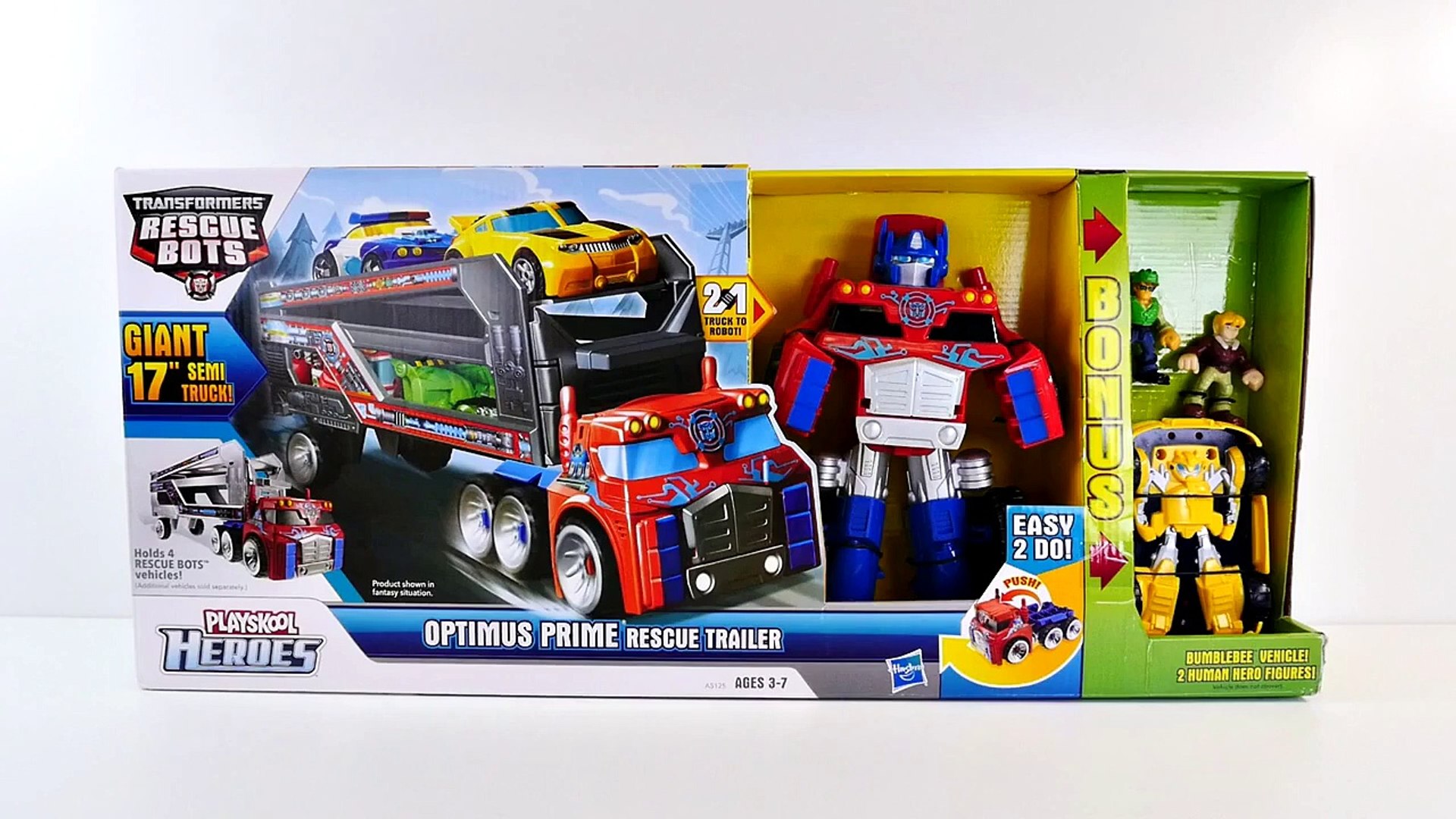 playskool heroes transformers rescue bots optimus prime racing trailer