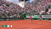 Virginie Razzano imitates Michael Chang 's service in Roland Garros