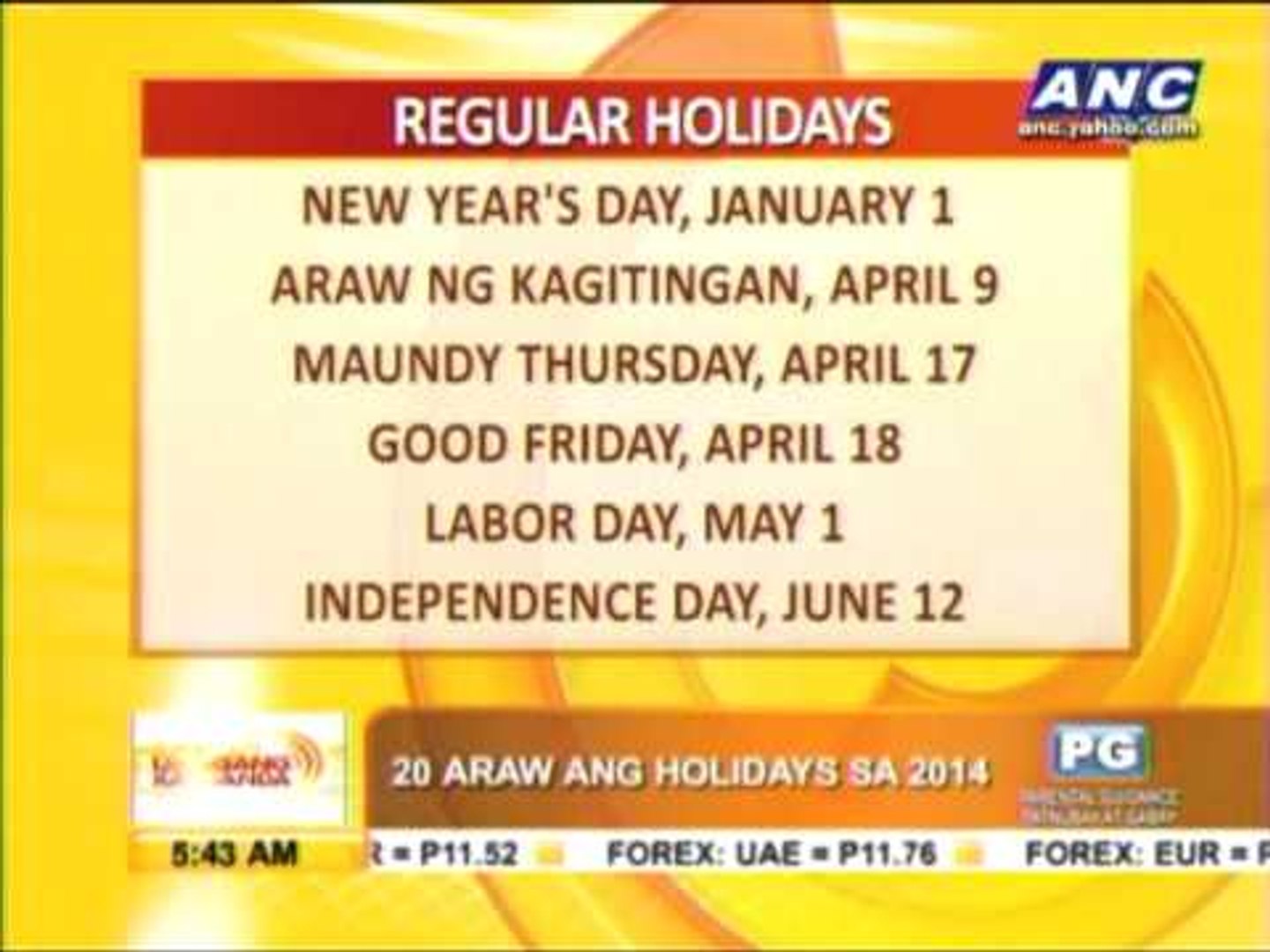 Philippine holidays of 2014