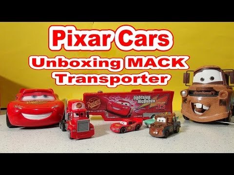 Pixar Cars Mack Transporter Unboxing with Lightning McQueen, Mater, and Flo from the V 8 Cafe
