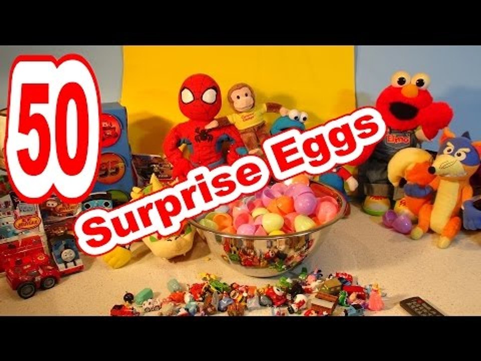 50 Surprise Egg Unboxing with Lightning McQueen Pixar Cars Cars2, Dora, Thomas Train and Doc McStuff