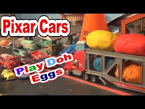 Disney Cars Pixar Lightning McQueen with Mack and 6 Play Doh Surprise Eggs Unboxing for Luugi and Gu