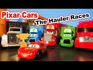 Disney Pixar Cars The Haulers Races in Radiator Springs Raceway with Mack, Dinoco and Chick Hicks Ha