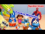 Spiderman and Dora the Explorer help Cookie Monster with Kinder Egg Surprise    and Swiper shows up