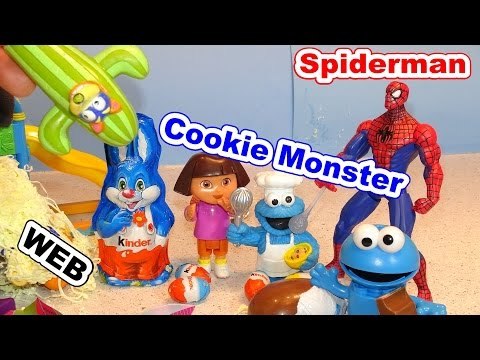 Spiderman and Dora the Explorer help Cookie Monster with Kinder Egg Surprise and Swiper shows up