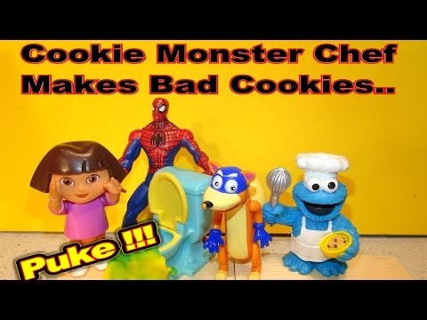 Cookie Monster makes bad Cookies for Spiderman and Dora, and they puke ! Watch Swiper