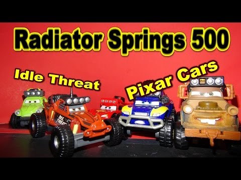 Pixar Cars Radiator Springs 500 unboxing Idle Threat, with Off Road Lightning McQueen and Mater