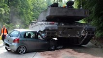 British tank flattens a car on a German road