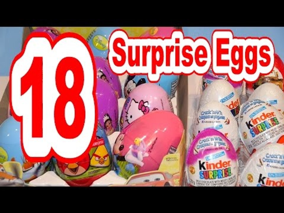 18 Surprise Eggs , Kinder Surprise Eggs with Pixar cars, Mickey Mouse, Sponge Bob, Angry Birds and M