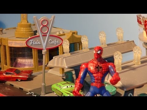 Pixar Cars and Spiderman in Radiator Springs, catch the Delinquent Road Hazards
