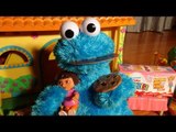 Cookie Monster Count' n Crunch visits Dora The Explorer Eating Kinder Egg Surprises with Barbie