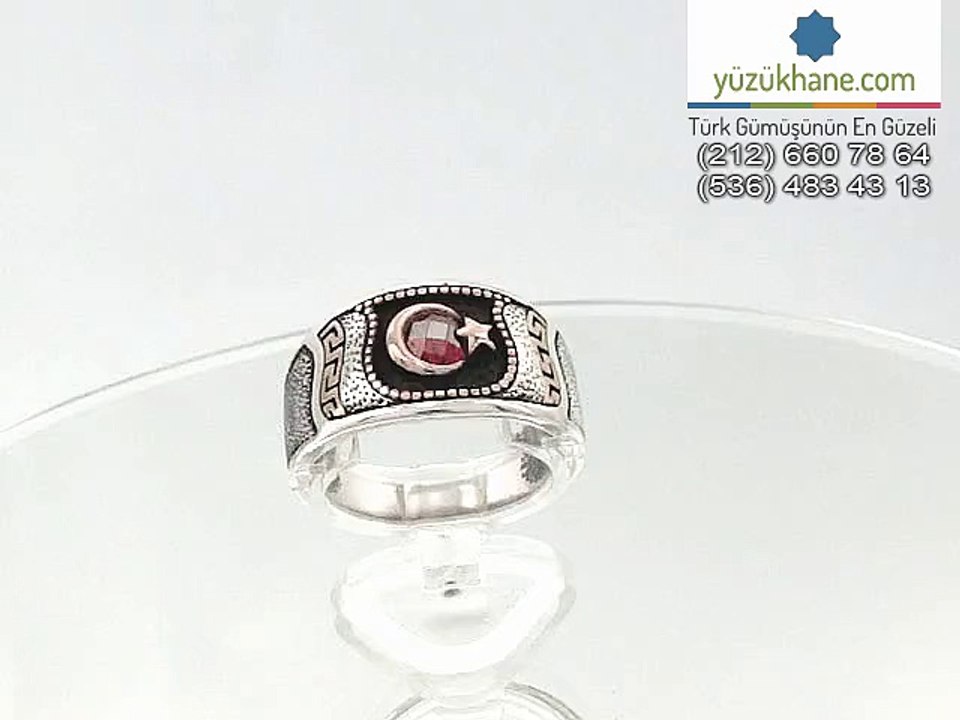 Taşsız ve Türk bayrağı motifli erkek gümüş yüzük