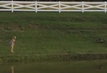 Une petite fille ennuie une oie et a une drôle de surprise