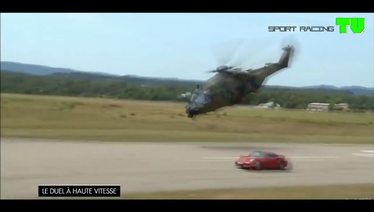 Course entre une Porsche 911 et 2 hélicoptères militaire surpuissant