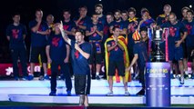 The Barça first team during the treble celebrations at Camp Nou