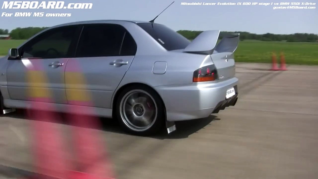Mitsubishi Lancer Evo IX Stage I 380 HP vs BMW 550i X-Drive (F10, stock 4WD)