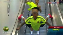 Departing defender Dani Alves clowns around with Neymar Jnr