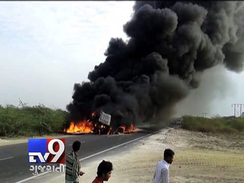 Banaskantha: Driver, cleaner injured as tanker-trailer crashes, catches fire - Tv9 Gujarati
