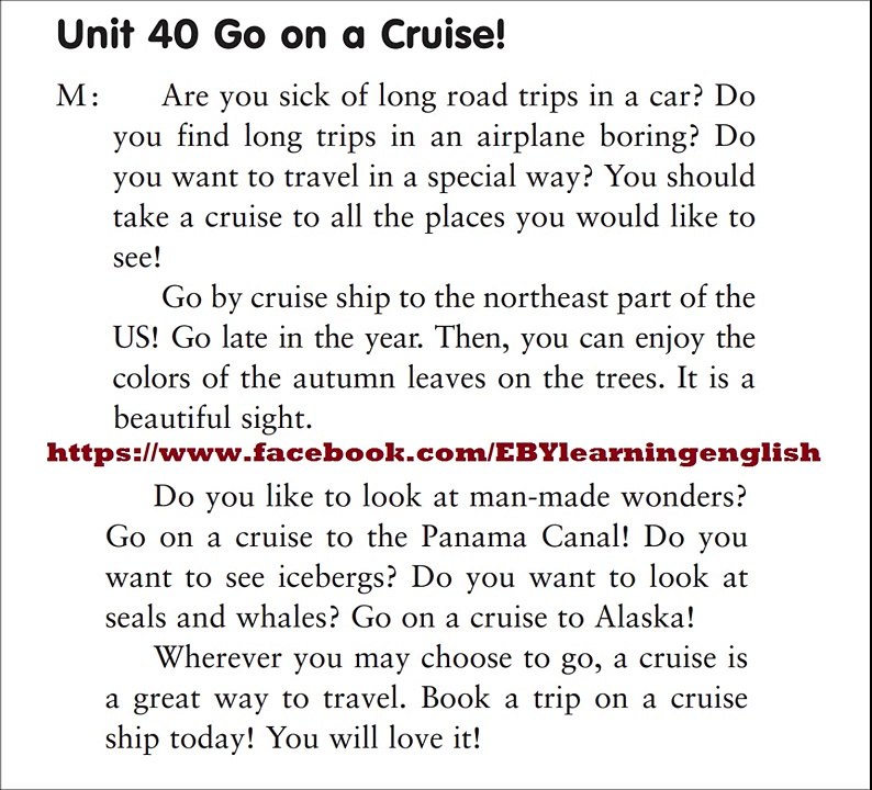 Listening Practice Through Dictation 1 -Unit 40 Go on a Cruise! (Repeat 10 times)