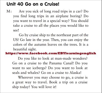 Listening Practice Through Dictation 1 -Unit 40 Go on a Cruise! (Repeat 10 times)