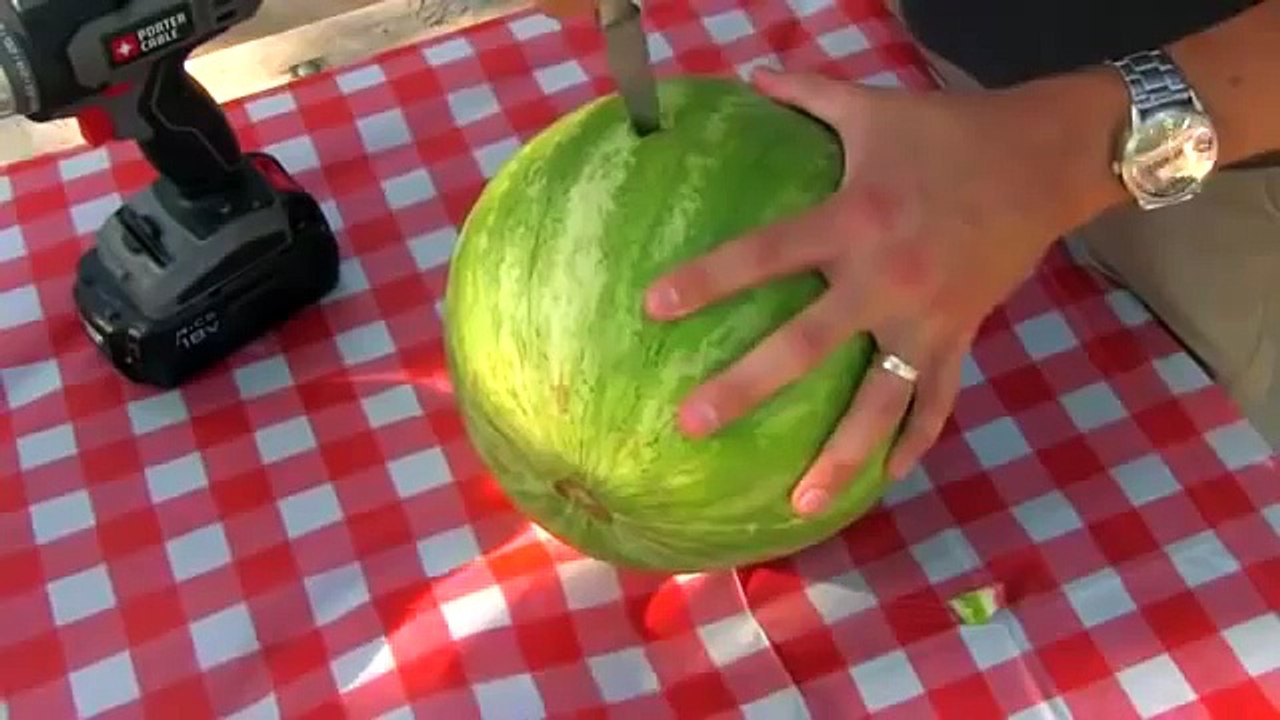 Watermelon Smoothie Trick No Mess Blending BBQ Drill Water Melon in seconds Powertools coat hanger