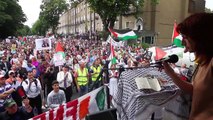 Clare Daly TD speaks to crowd at Israeli Embassy Dublin.