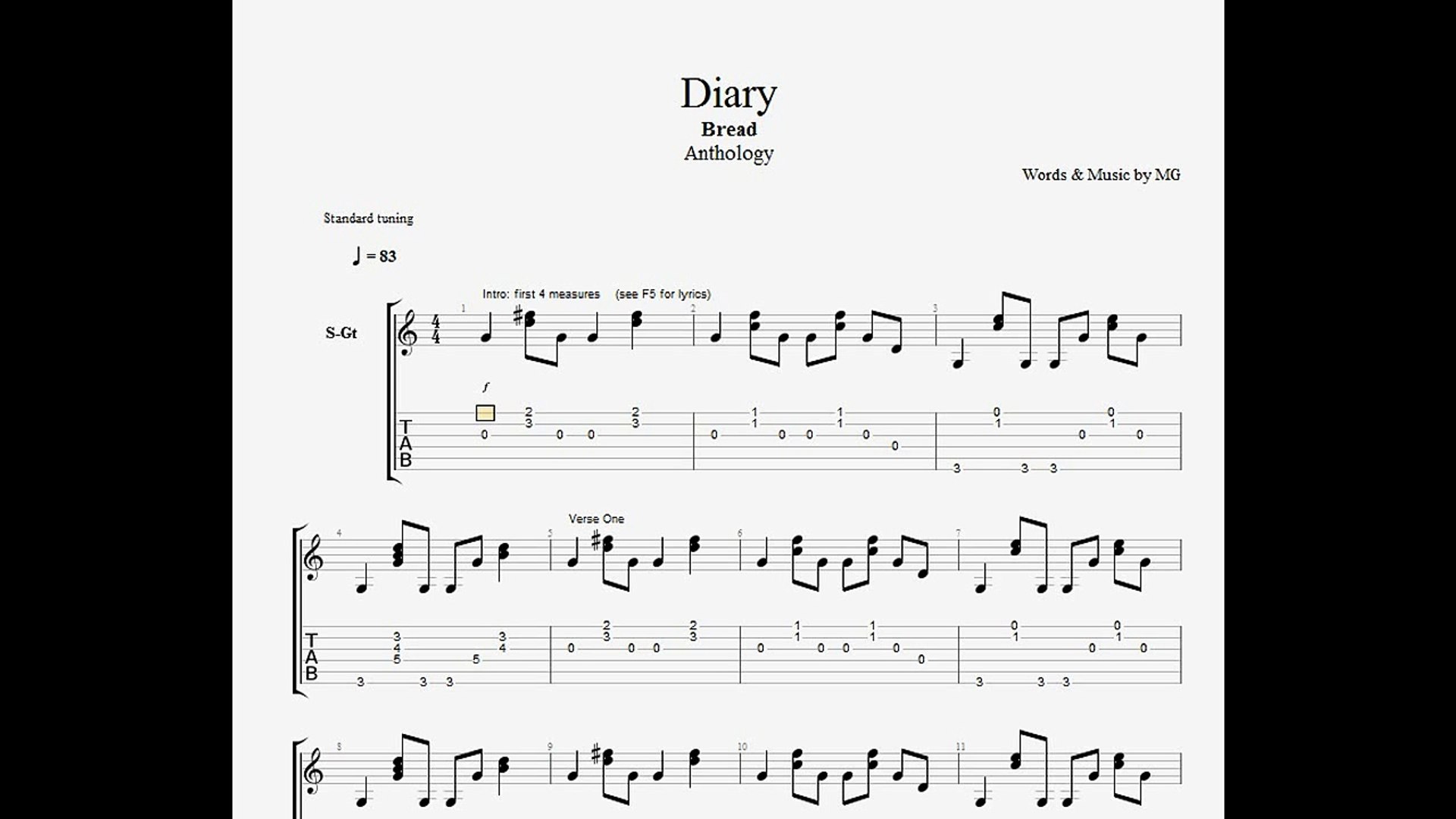 Diary Bread Guitar Tablature Video Dailymotion