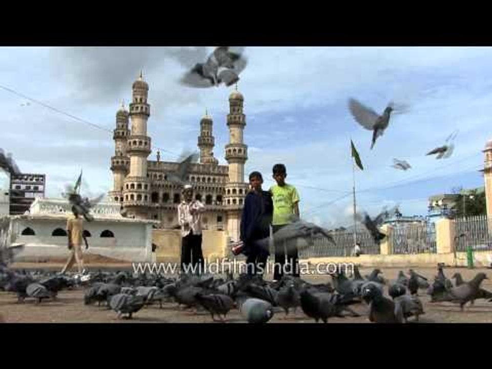 Pigeons fly around the Charminar mosque, Hyderabad