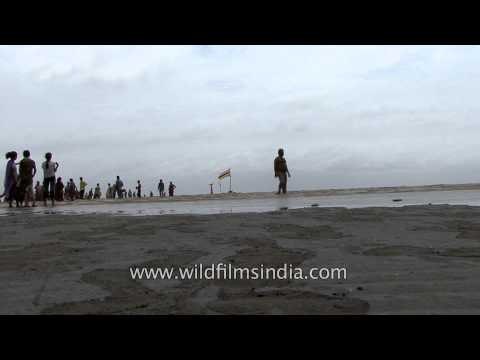 Devotees gather at a beach in Alang during Ganesh visarjan