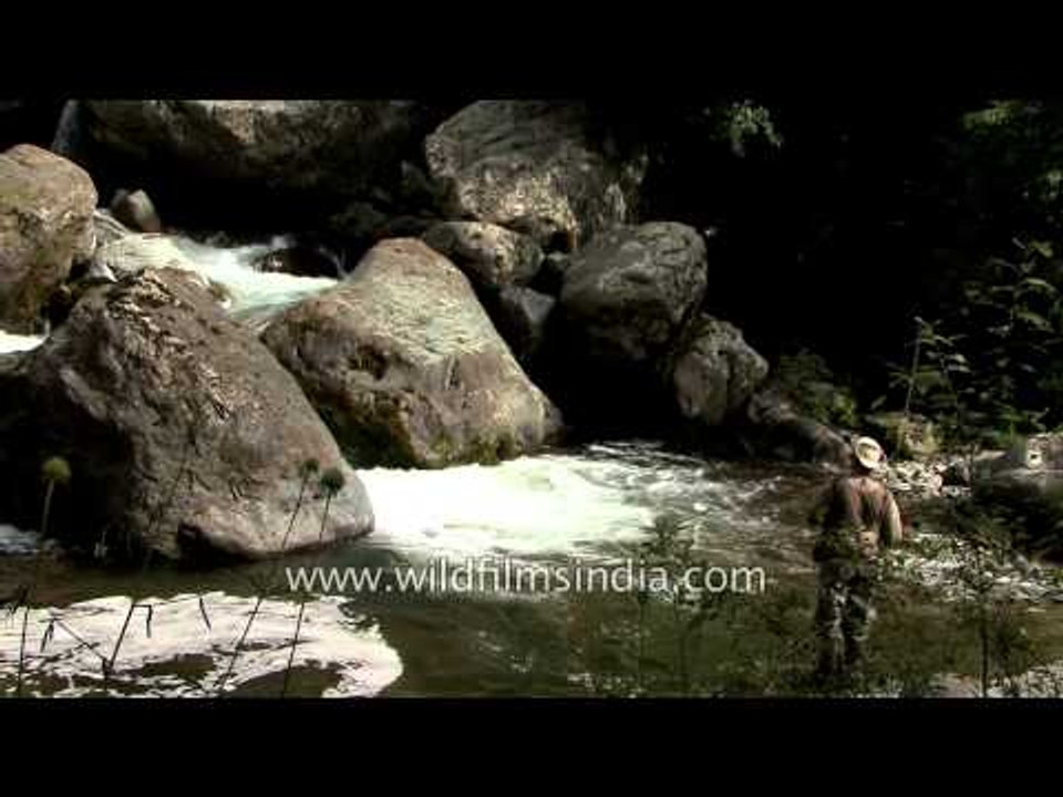 Casting into a beautiful rocky chasm for trout: Kashmir angling