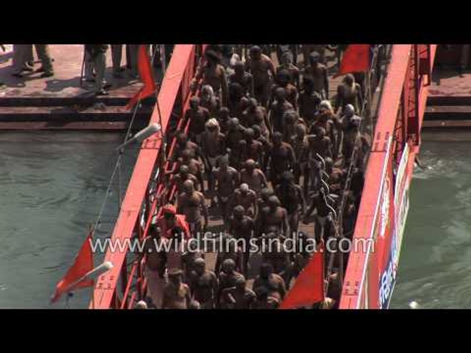 Aerial view: Naked Naga sadhus cross Ganga bridge in Haridwar