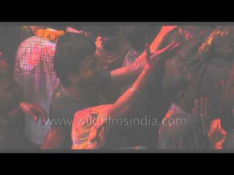 Celebrating festival of colours Holi at Banke Bihari temple - Vrindavan