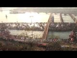 God's aerial view looking down at the Hindu crowds at the Haridwar Kumbh Mela