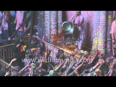 Colour Play: Hindu priest sprays coloured water on devotees at Banke Bihari Temple, India