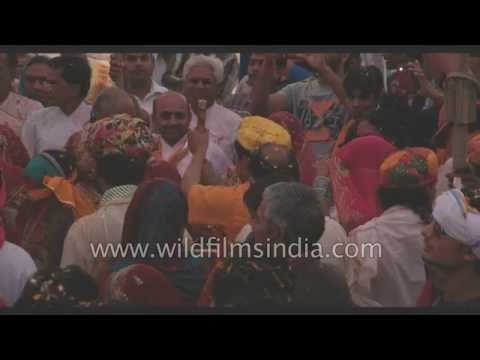 Throwing flowers to mark Holi celebration in Gokul village, India