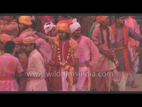 Crowd of devotees during Lathmaar Holi in Barsana village