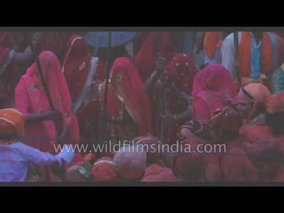 Aerial view of lathmaar holi in Barsana, Uttar...