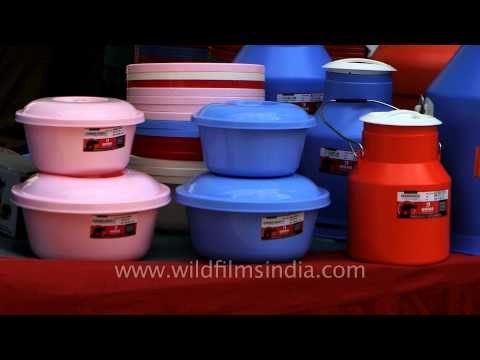 Plastic containers for sale at market : Anandpur Sahib, Punjab
